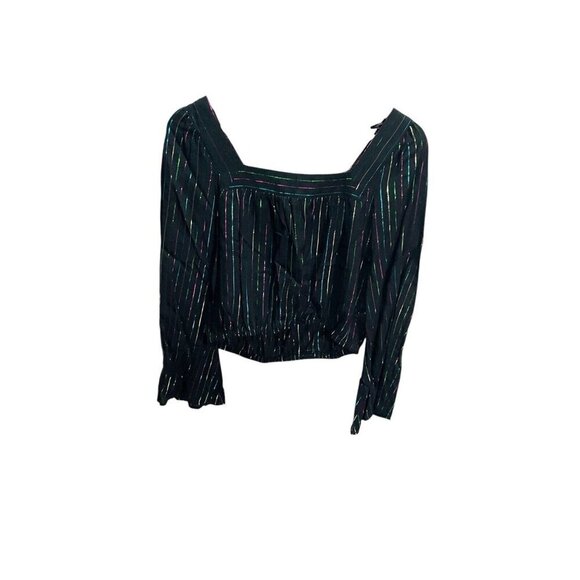 Express Black Square Neck Crop Top Size XS Colorful Sparkle Metallic Stripe NEW - Picture 2 of 4